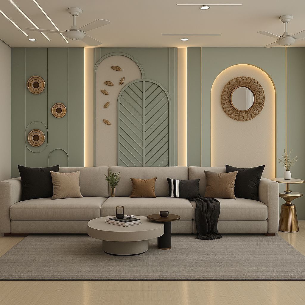 Sage green wall paneling with arched recesses and warm integrated lighting behind a beige sofa.