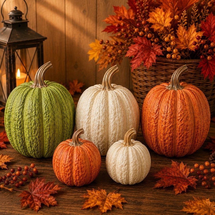 Five textured green, white, and orange pumpkins arranged on a wooden table with autumn leaves.