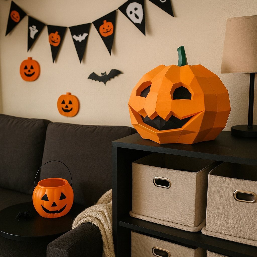 Geometric low-poly orange pumpkin sitting on a black shelf in a decorated room.