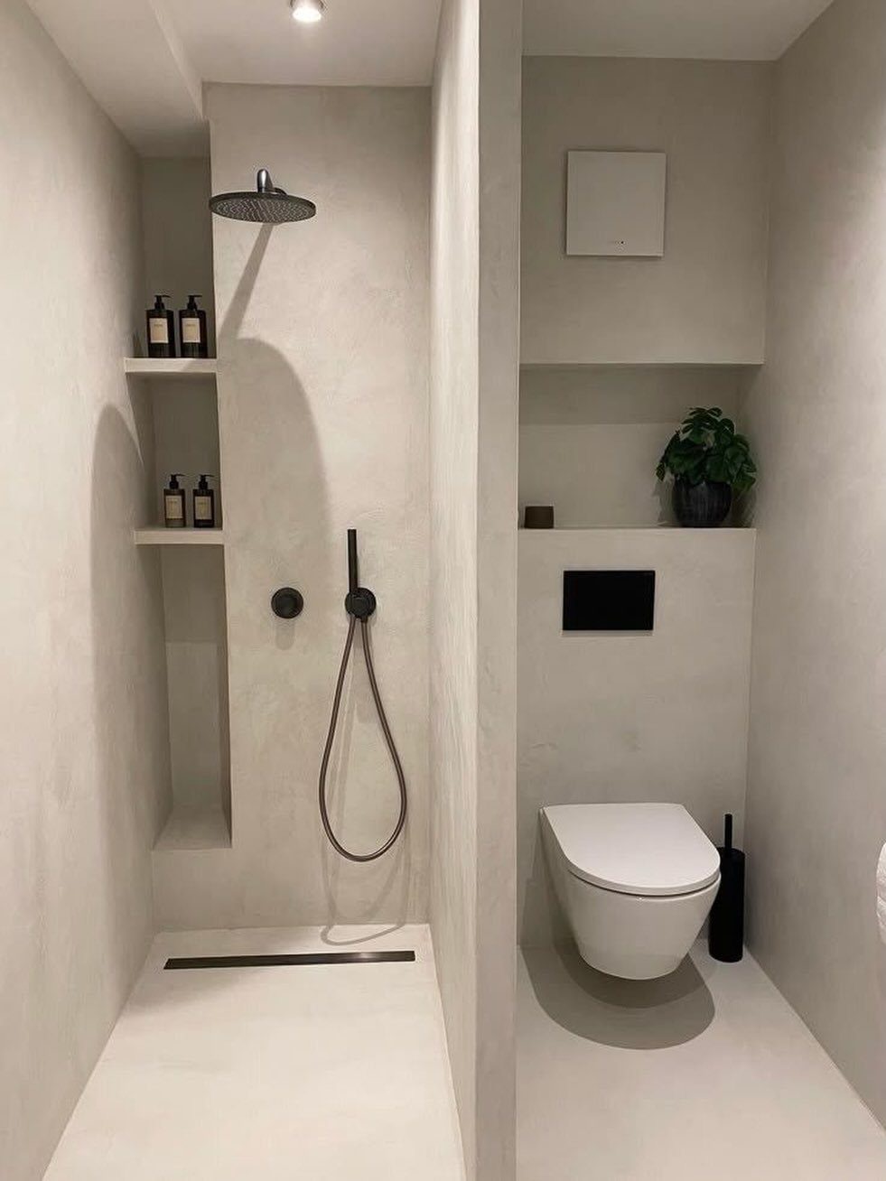Minimalist bathroom with a walk-in shower, wall-mounted toilet, and recessed shelving in beige plaster.