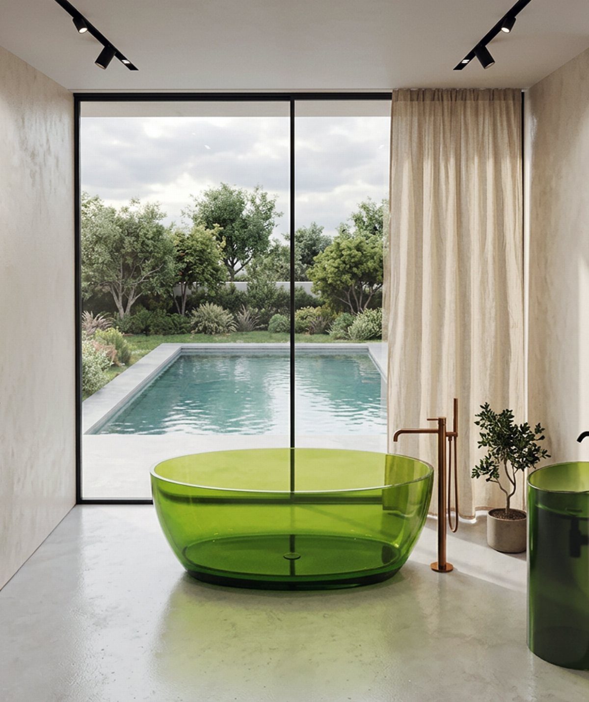 A translucent green freestanding bathtub positioned in front of large glass doors overlooking a pool.