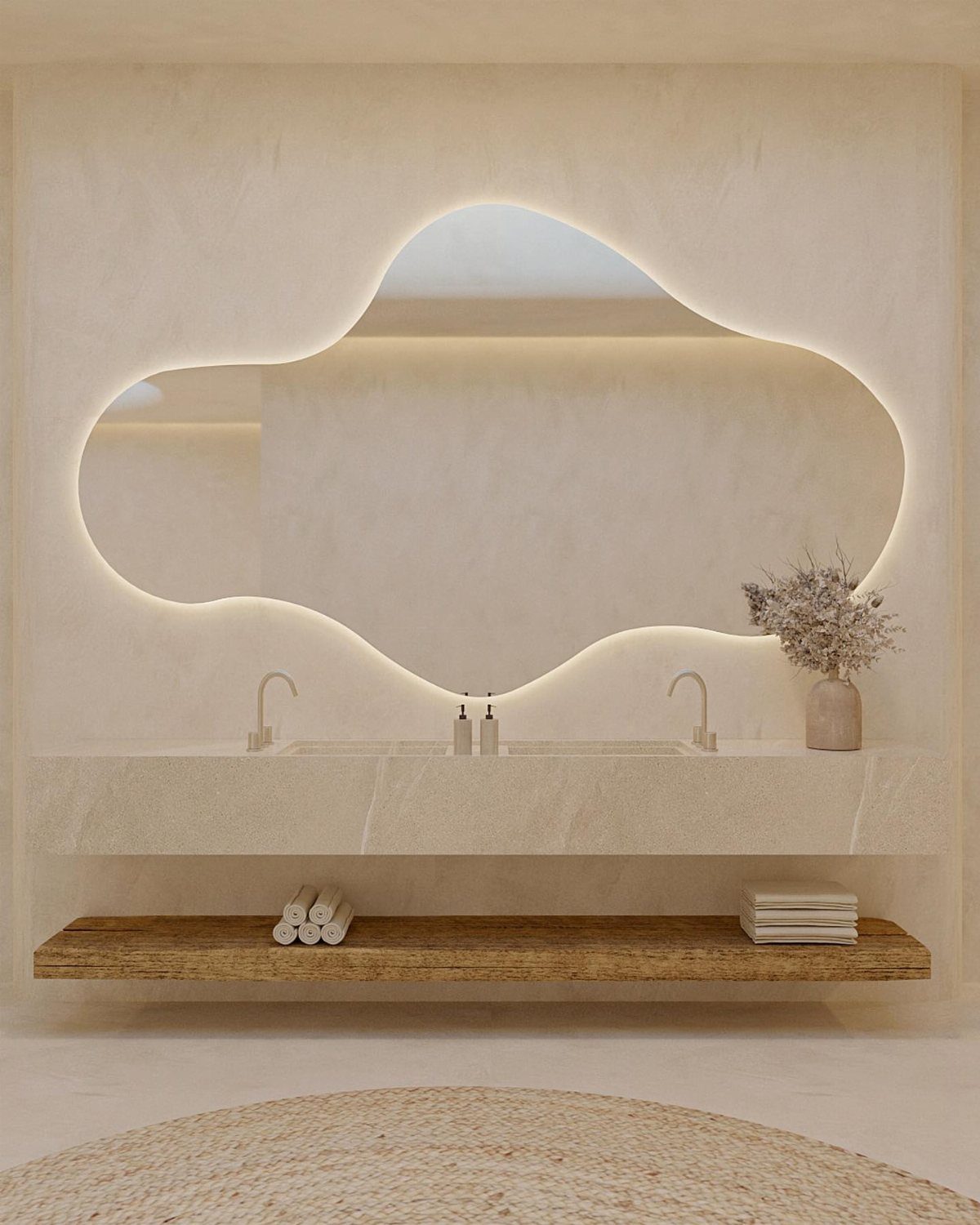 Organic shaped backlit mirror above a stone vanity and wooden shelf in a minimalist bathroom.