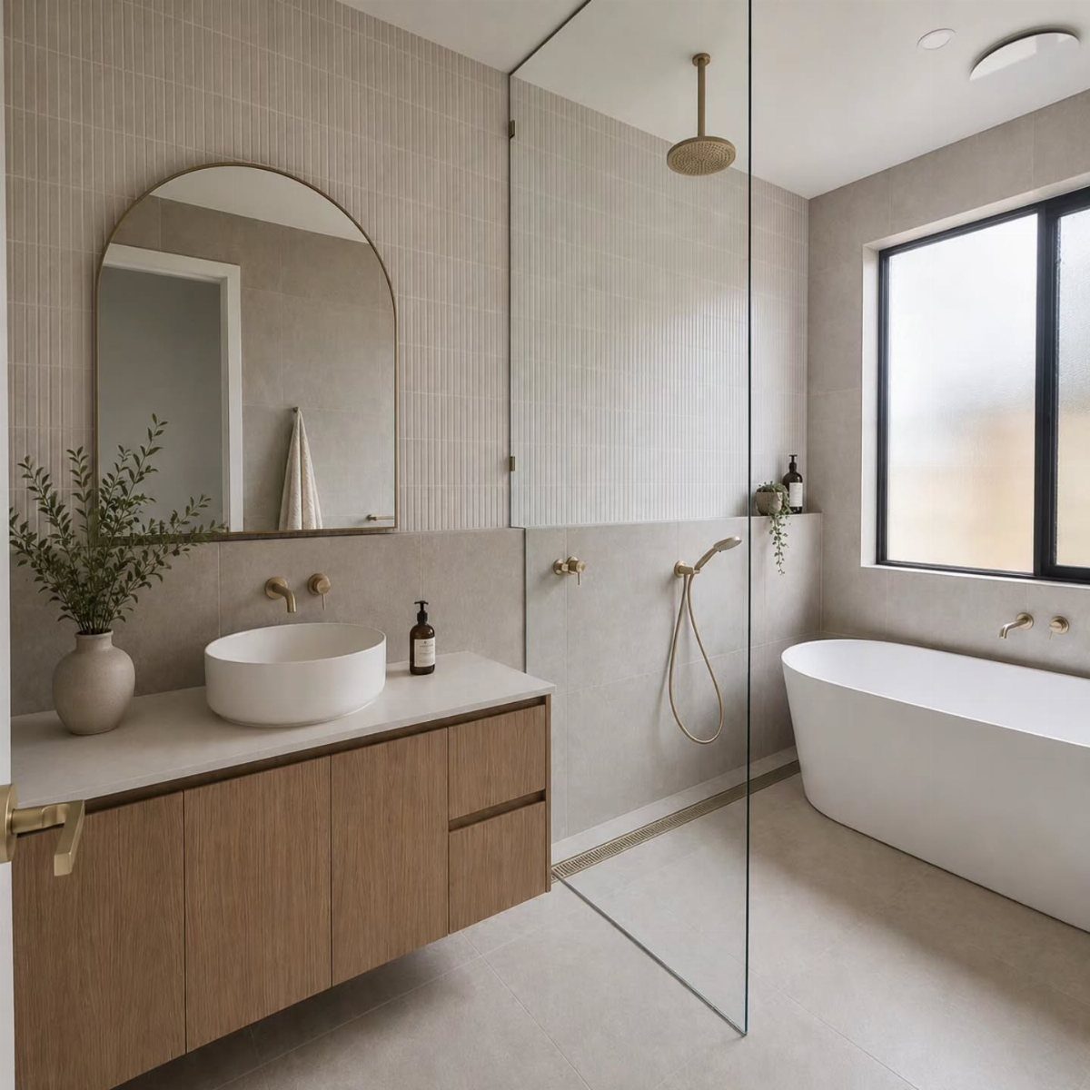 Modern Japandi bathroom with wooden vanity, white vessel sink, arched mirror, and freestanding bathtub.