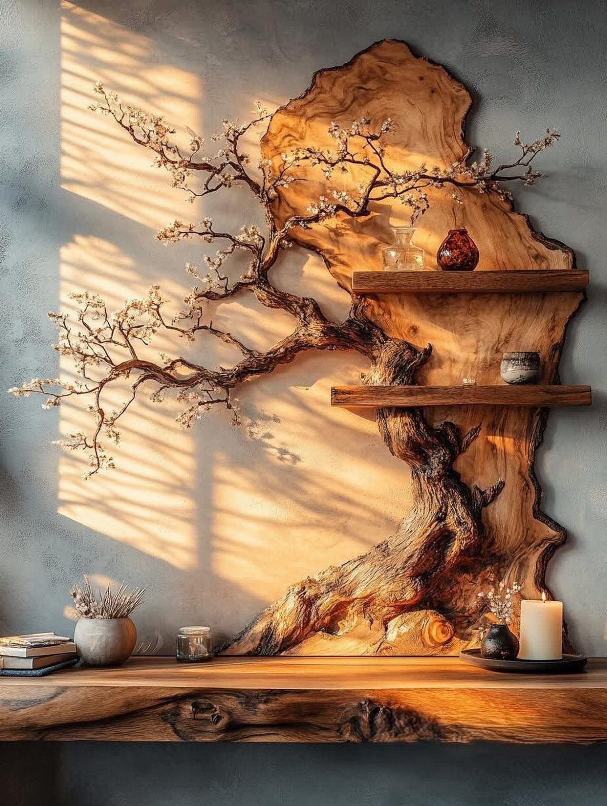 Flowering branches extending from a large live-edge wood wall installation with integrated shelves.