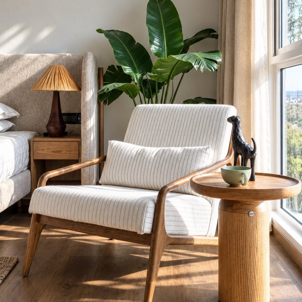 Striped armchair and wooden side table positioned next to a large green leafy plant in a sunlit room.