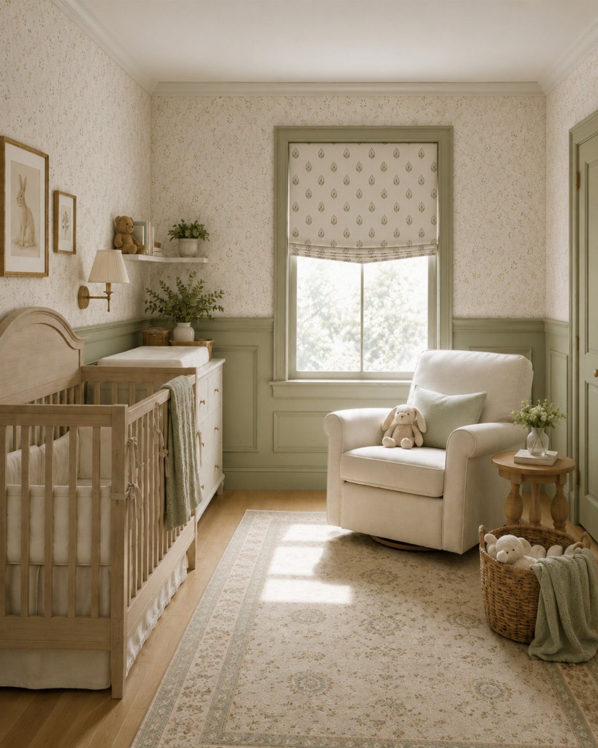 A Japandi style nursery with a wooden crib, white glider, and subtle patterned wallpaper and rug.