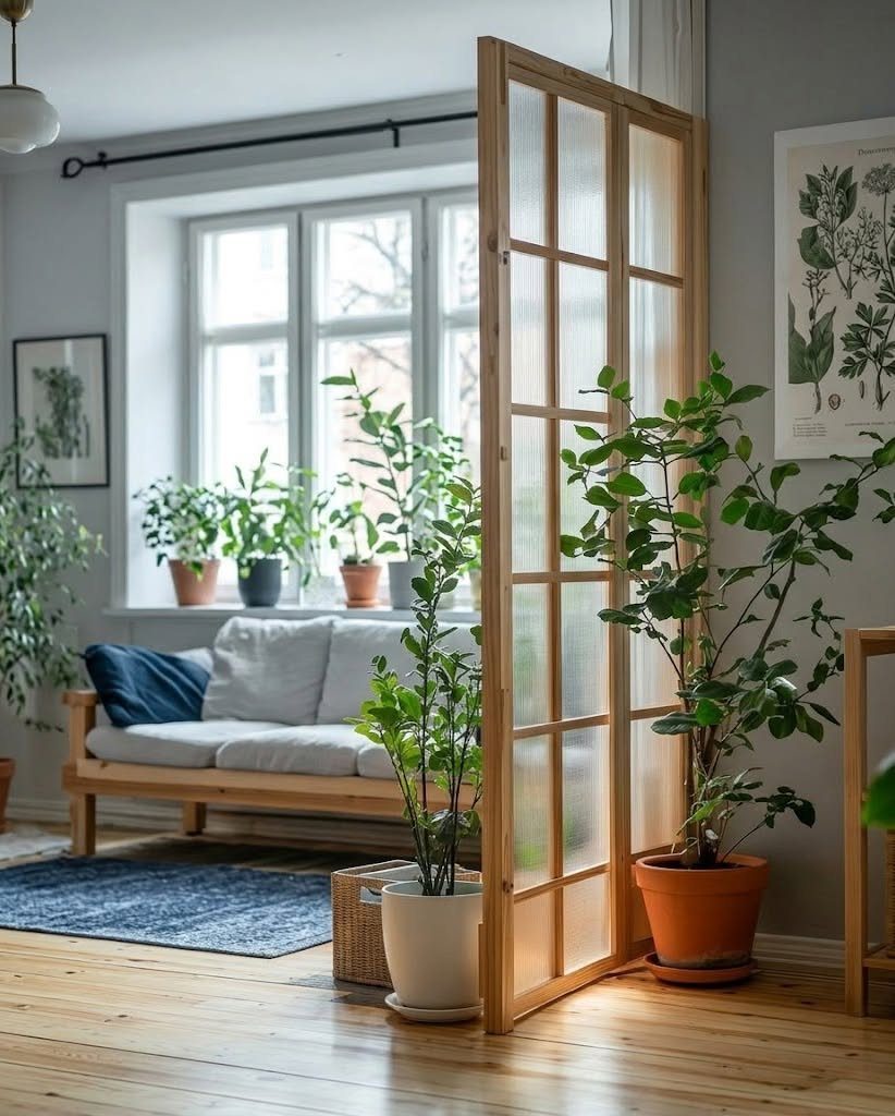 Potted green plants arranged on a windowsill and wooden floor near a glass door.