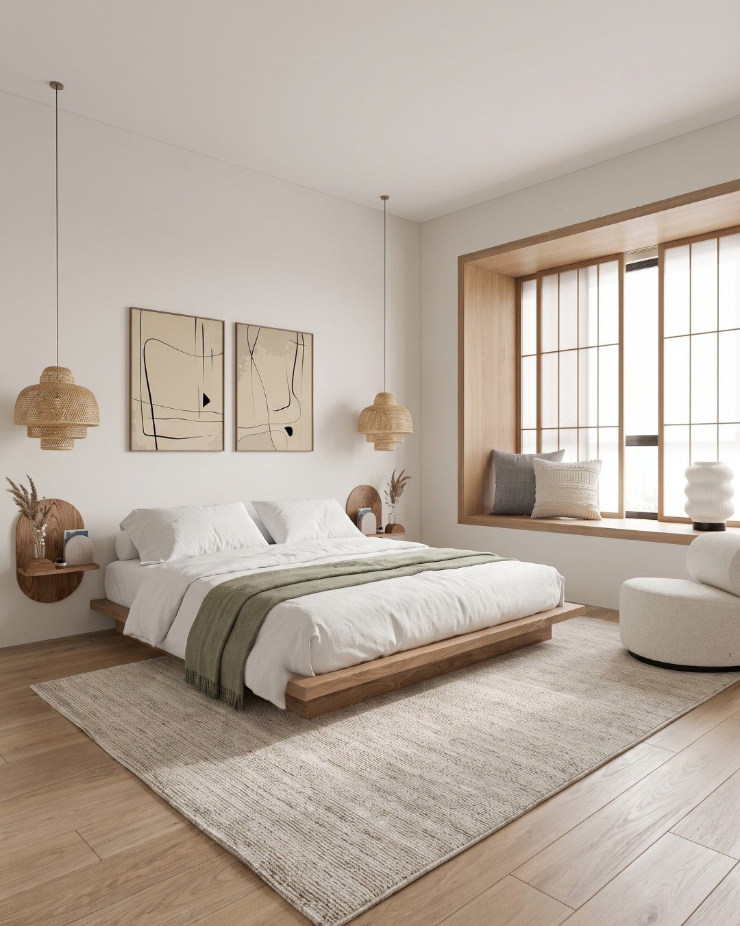 Minimalist Japandi bedroom with a low platform bed and large windows letting in natural light.