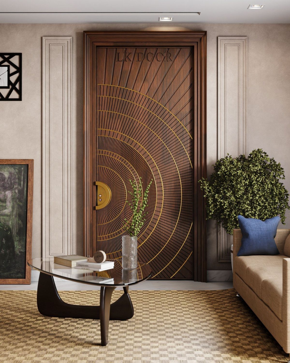 A dark wood door with a gold sunburst pattern in a modern living room.