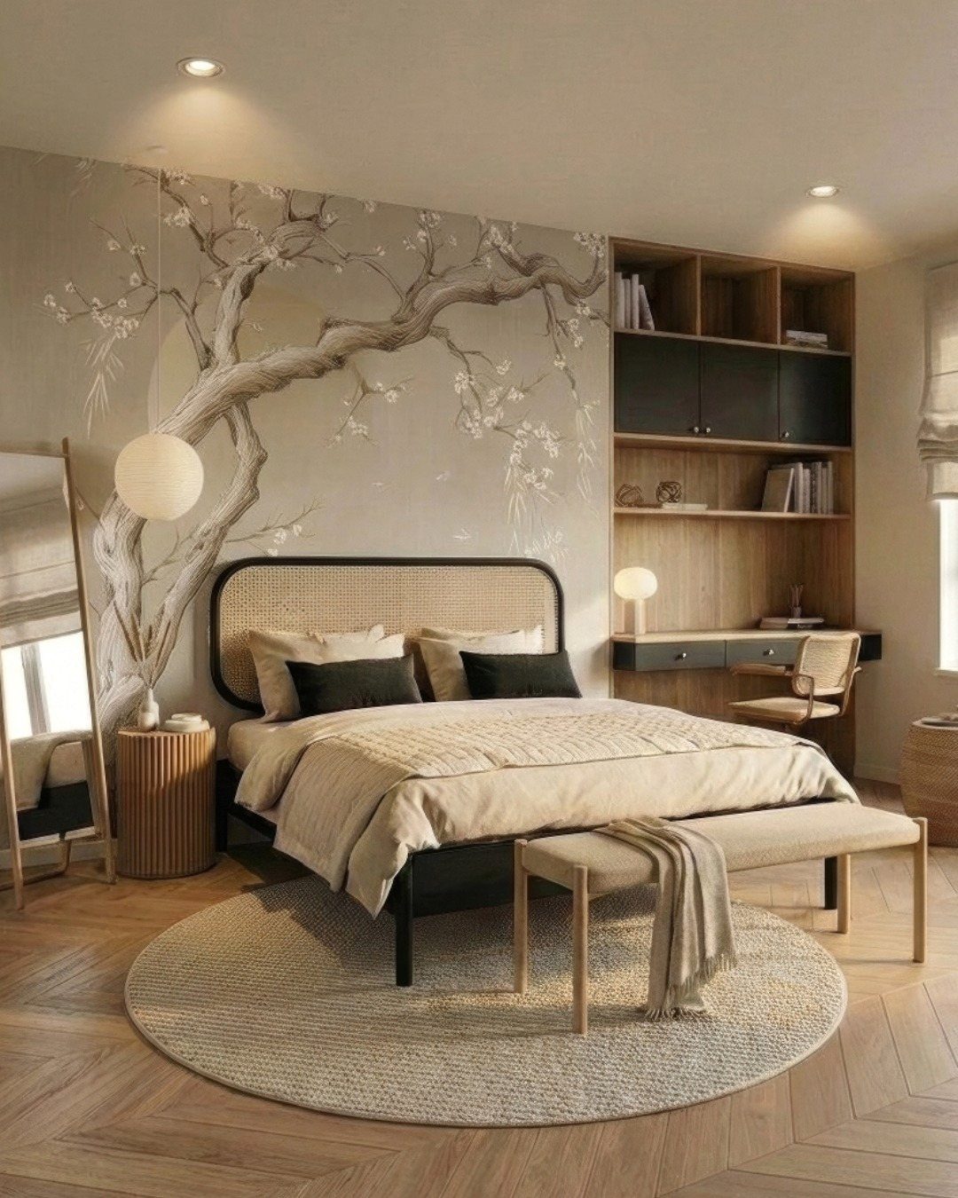 A Japandi bedroom with beige bedding, a tree mural, and warm wooden furniture.