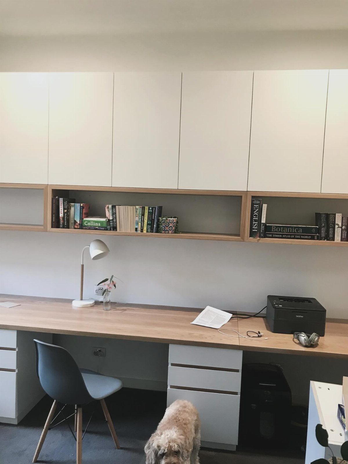 A long wooden desk with white cabinets and organized shelving in a minimalist room.