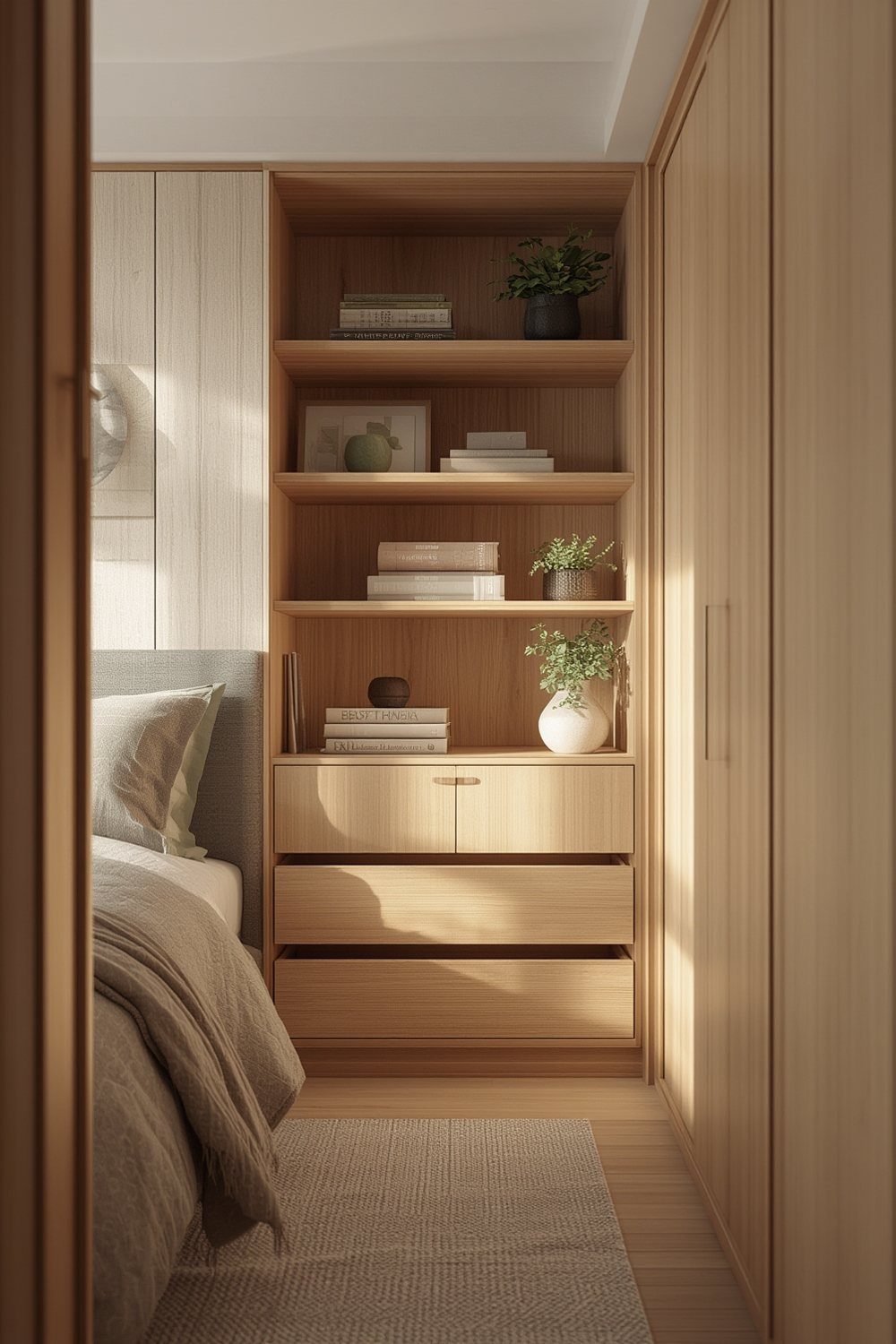 Light wood built-in shelving unit with books and plants next to a bed.
