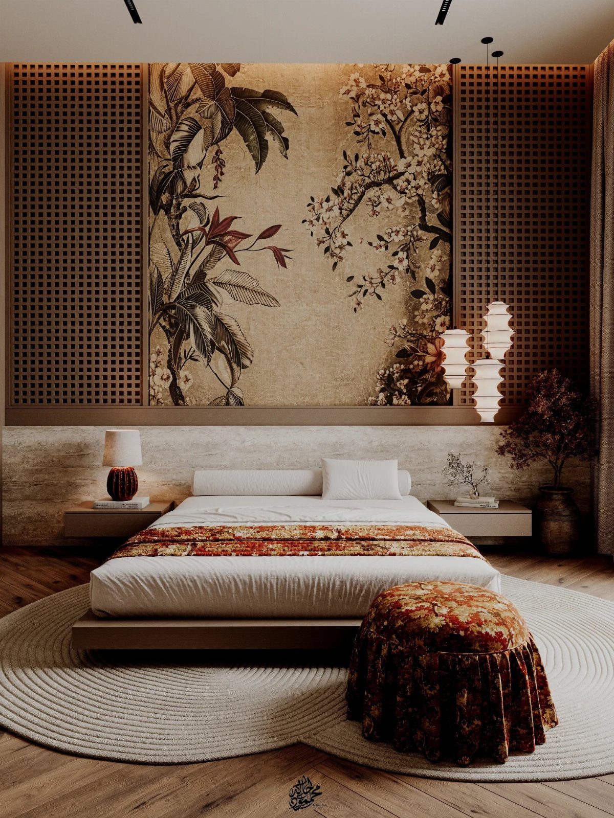 Low platform bed with floral mural and dark wood lattice panels in a Japandi bedroom.