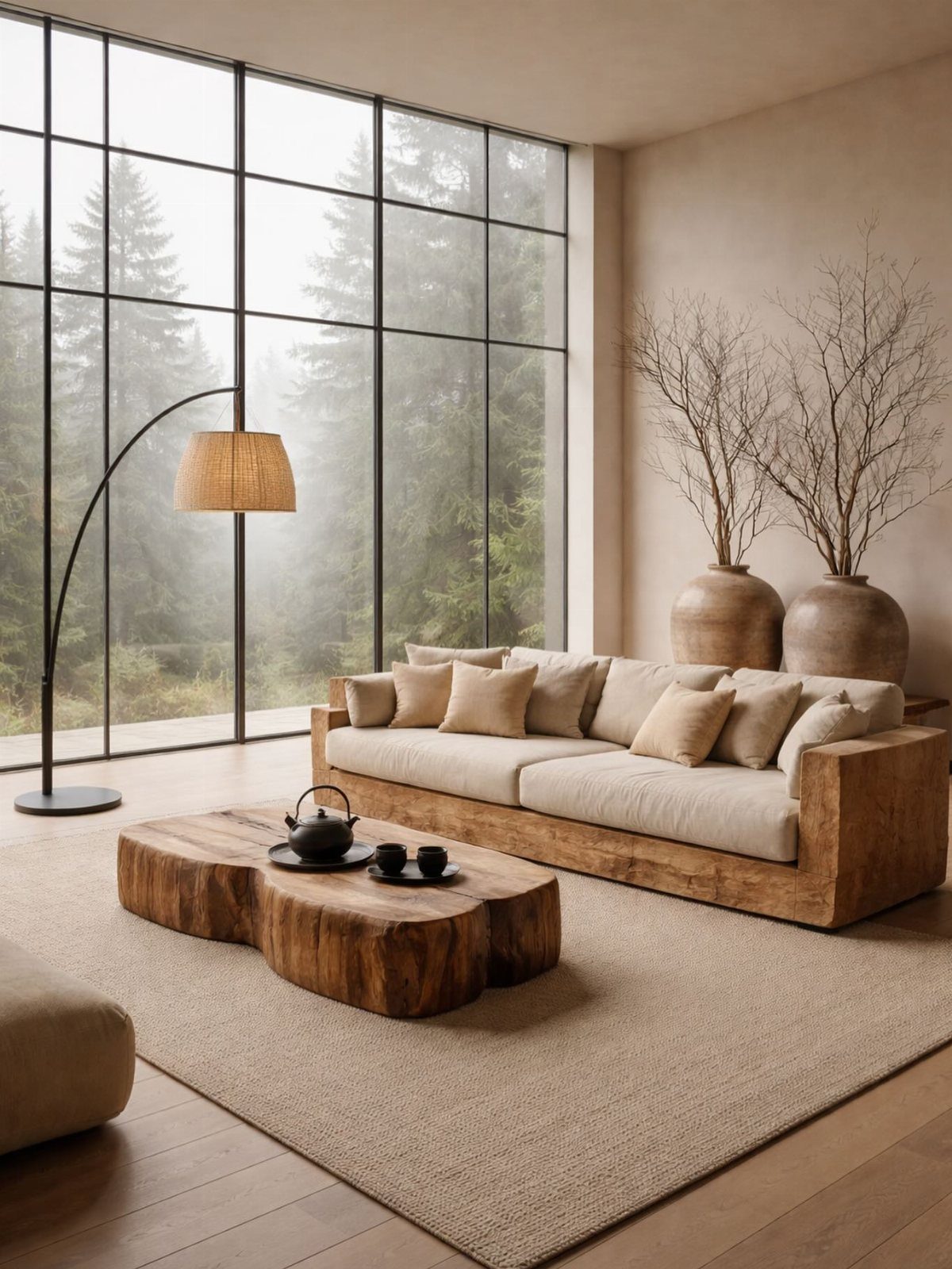 Minimalist living room with a low wooden sofa, live-edge coffee table, and large windows overlooking trees.