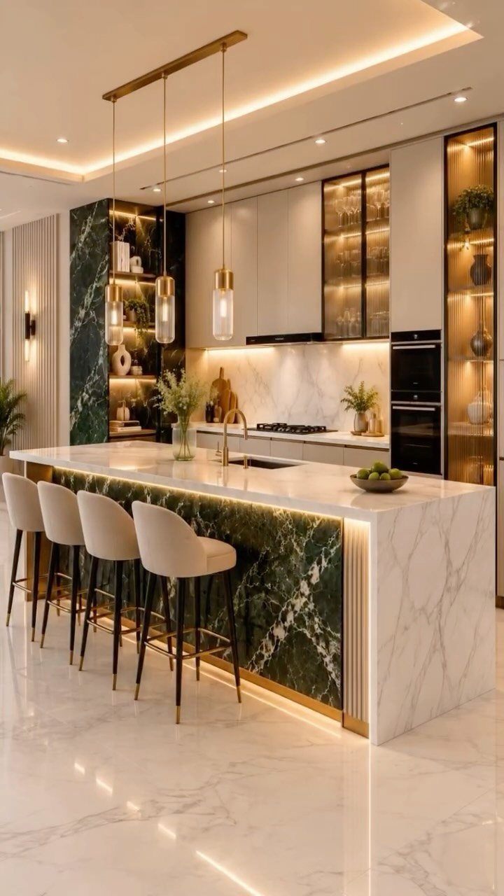 Modern kitchen island with white marble top and contrasting dark green marble base.