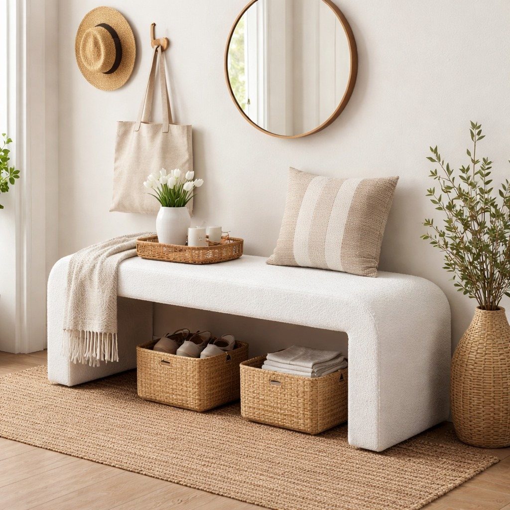A white cushioned bench styled with pillows, a throw, and woven baskets underneath.