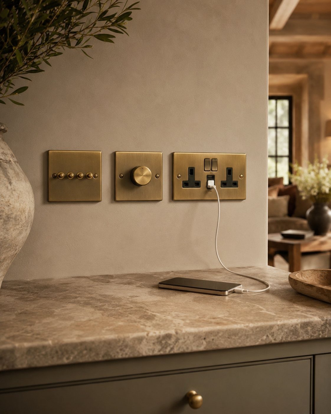 Brass dimmer switches and a power outlet mounted on a neutral textured wall.