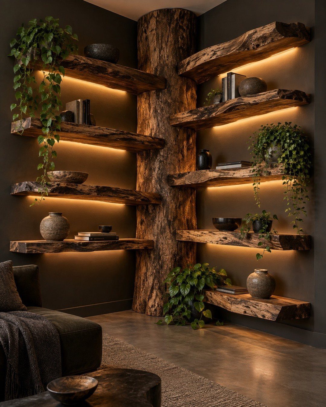 Live-edge wooden floating shelves with warm LED lighting holding plants and ceramics against a dark wall.