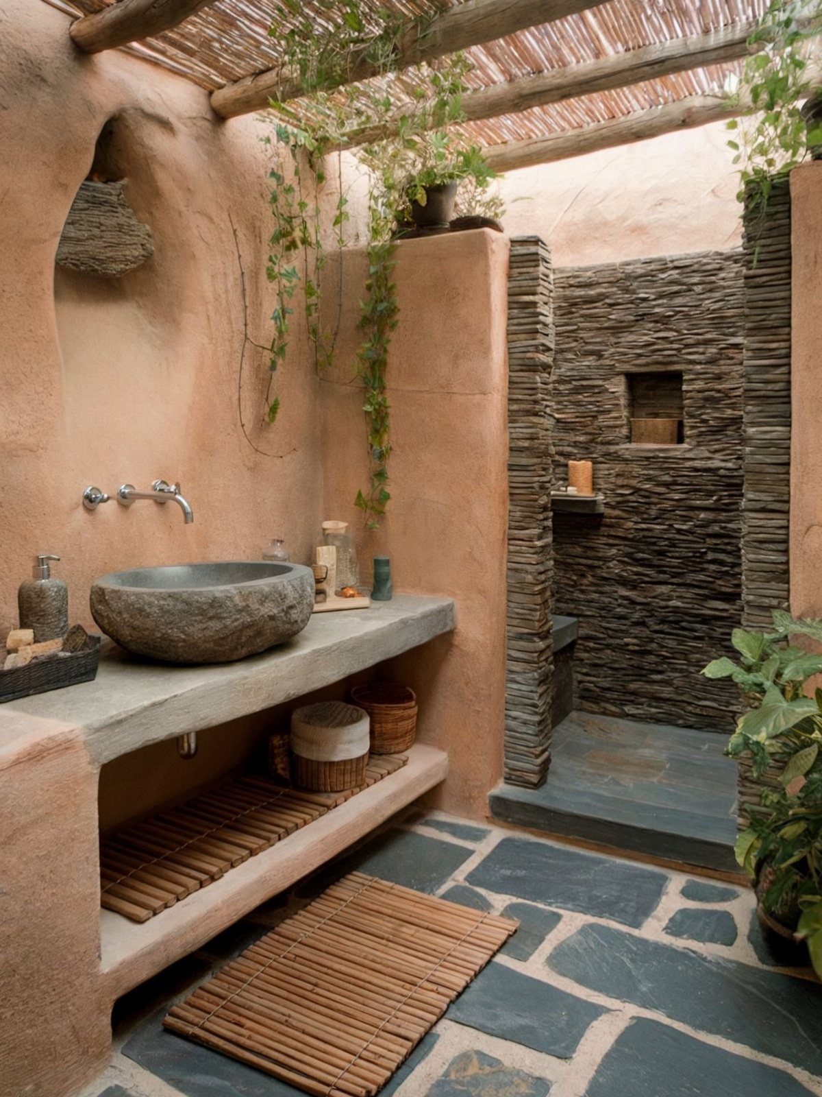Stone vessel sink and climbing green plants in a rustic outdoor bathroom setting.
