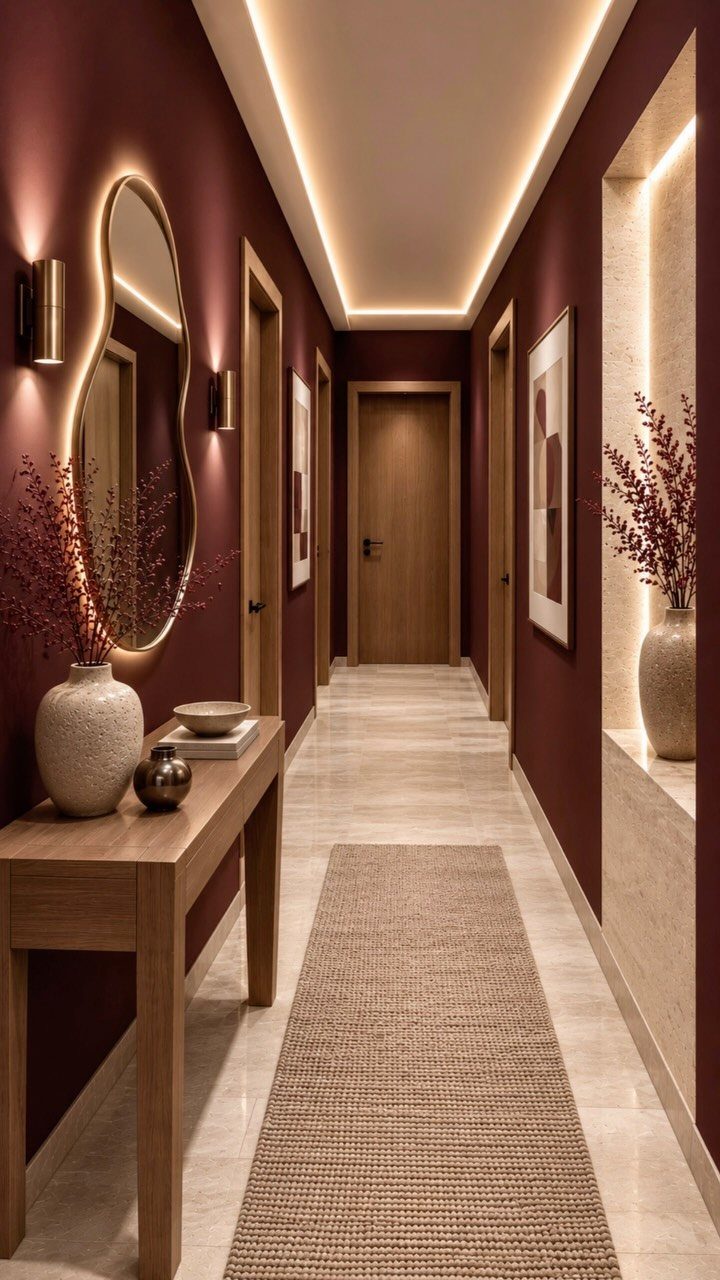 Burgundy hallway featuring a wooden console table, ceramic vases, and a long beige runner rug.