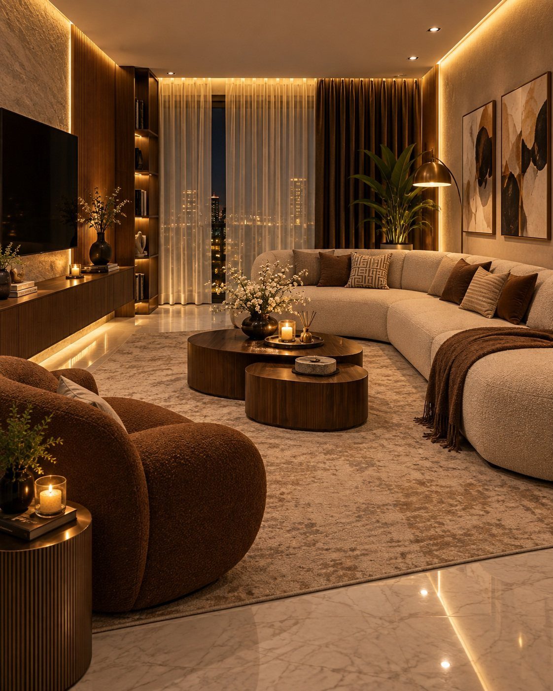 A cozy living room with textured furniture, wooden tables, and warm ambient lighting.
