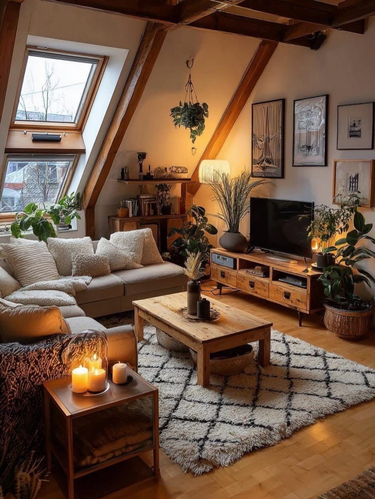 Cozy living room with warm candle lighting, wooden furniture, soft textiles, and indoor plants.