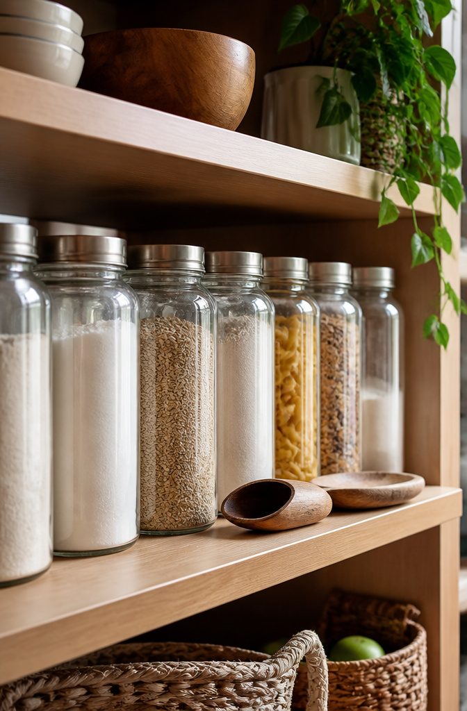 A collection of glass airtight canisters filled with dry food items.