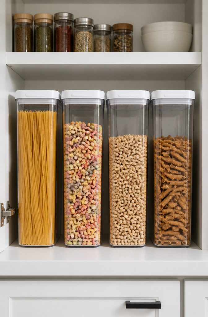 Rectangular canisters for pasta and cereal lined against a cabinet wall.