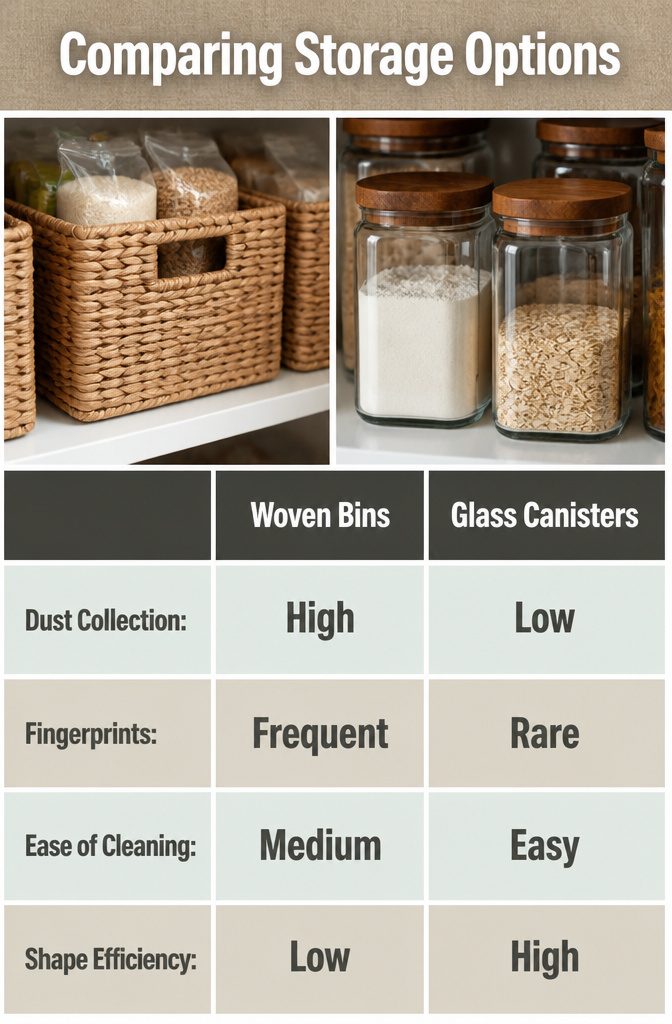 A comparison of different storage options in a pantry setting.