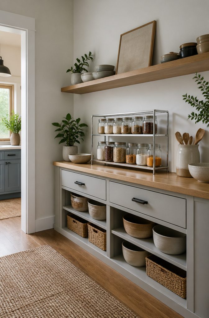 Adjustable shelves in a pantry, designed to fit various widths.