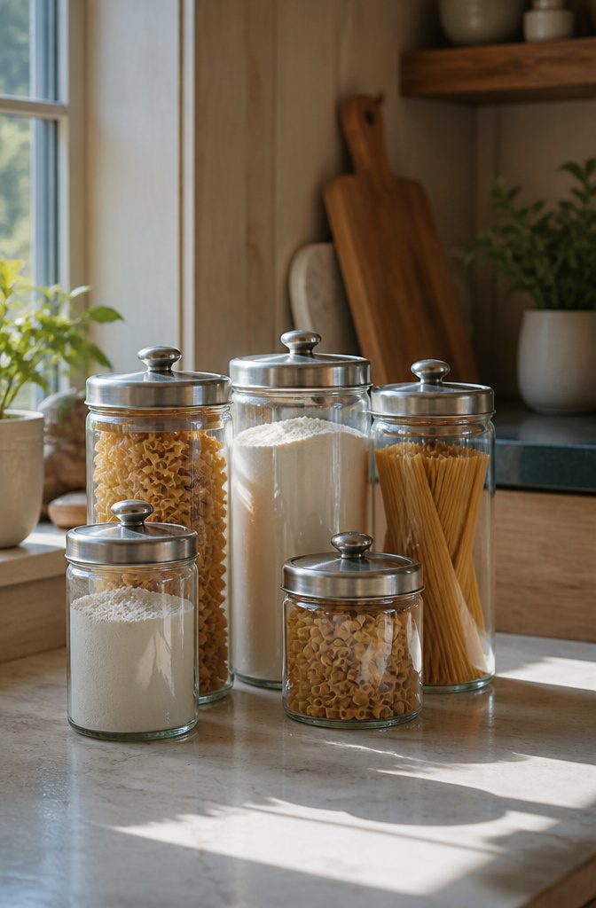 A collection of glass canisters with food items displayed on a countertop.