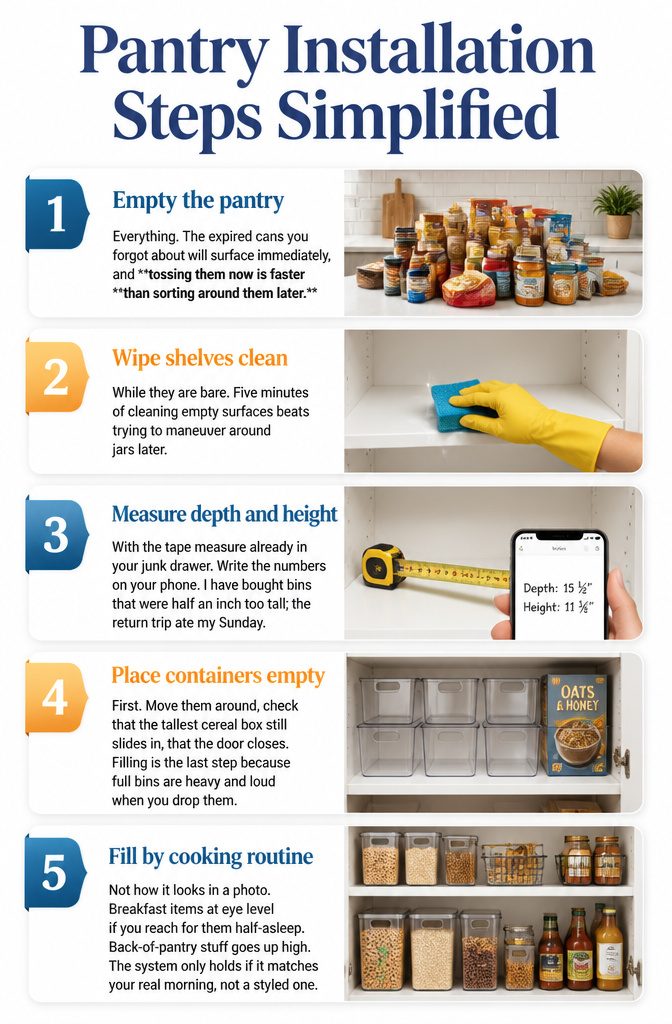 Steps outlined for organizing a pantry efficiently.