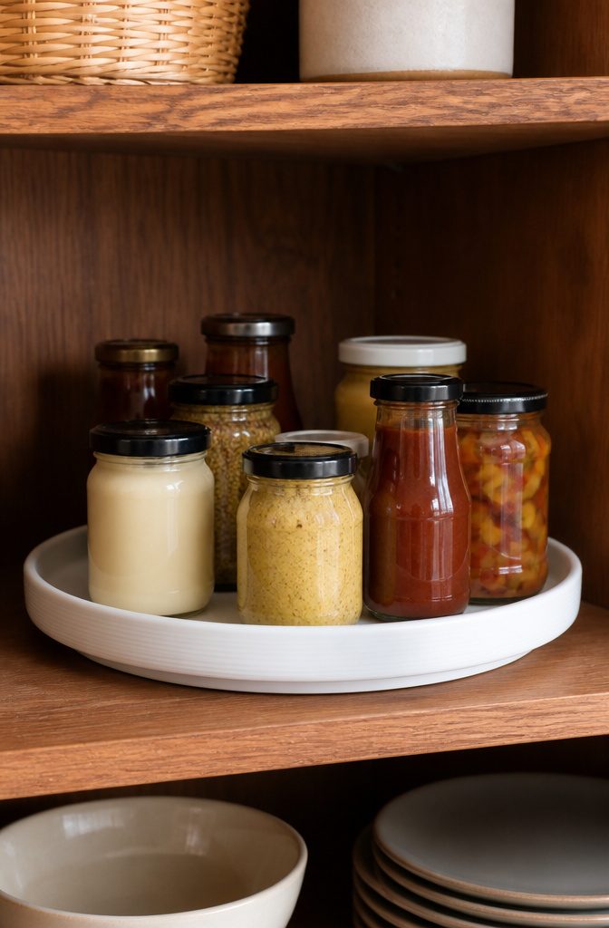 A 10-inch lazy Susan on a pantry shelf with condiments and jars.