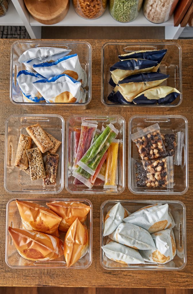 Open bins filled with assorted snacks on a pantry shelf.
