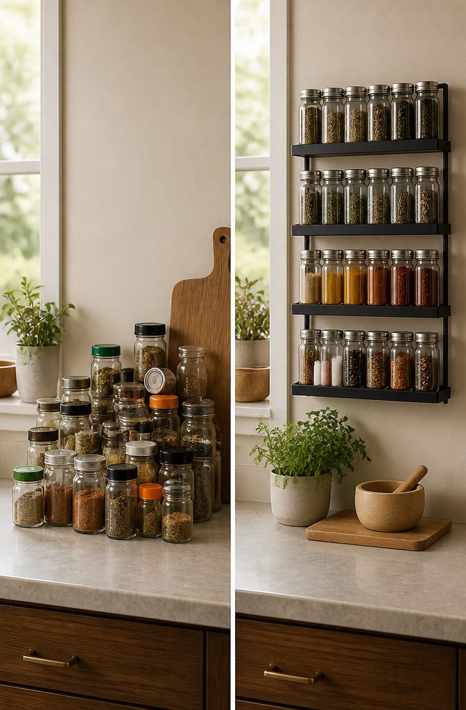 A wall-mounted spice rack displaying various spice jars.