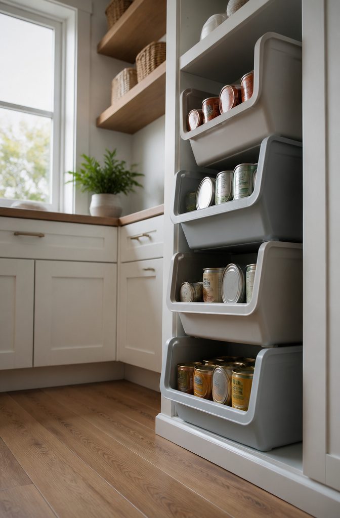 Stacked bins filled with various pantry items on a shelf.