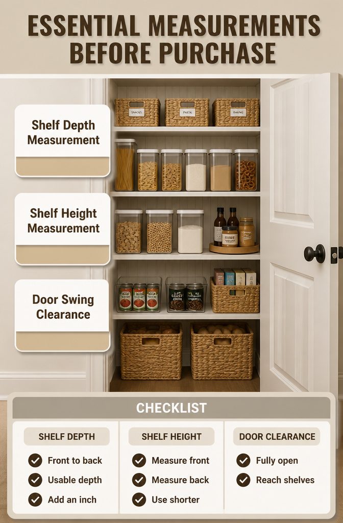 A list of measurements needed before purchasing pantry storage solutions.