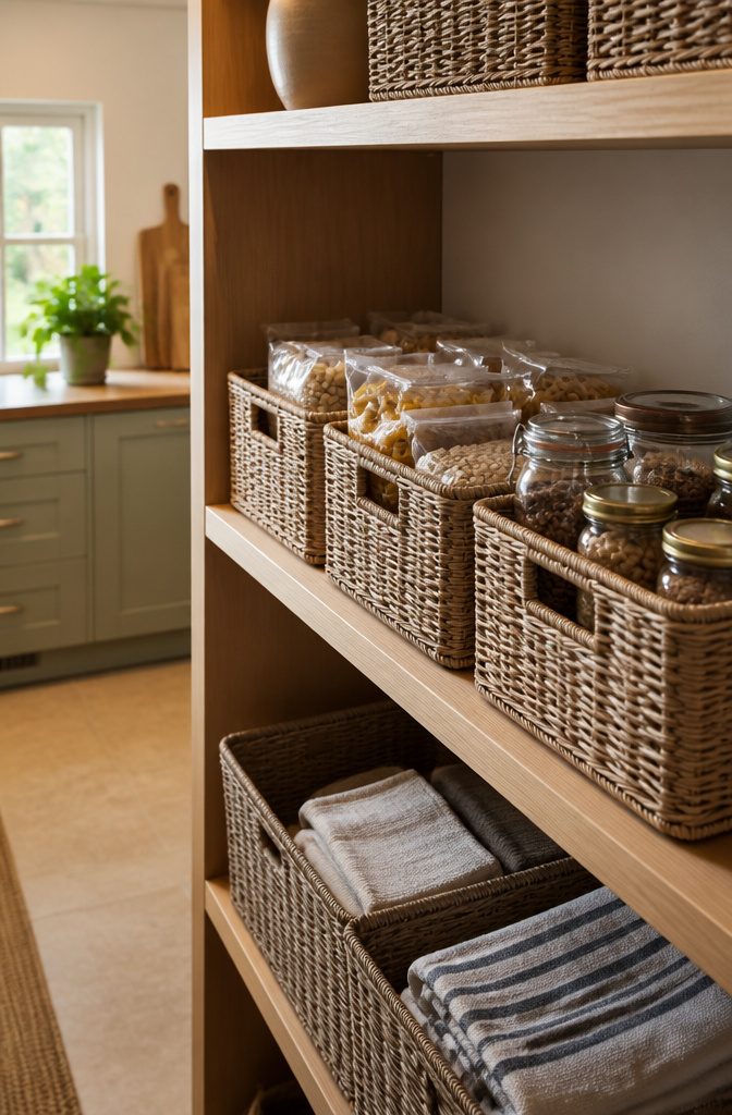 Stylish woven bins filled with pantry items on a shelf.