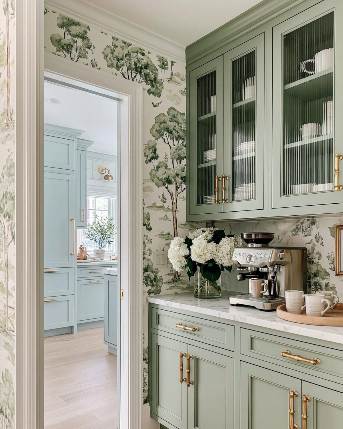 Sage green kitchen cabinets with gold hardware paired with botanical tree pattern wallpaper.
