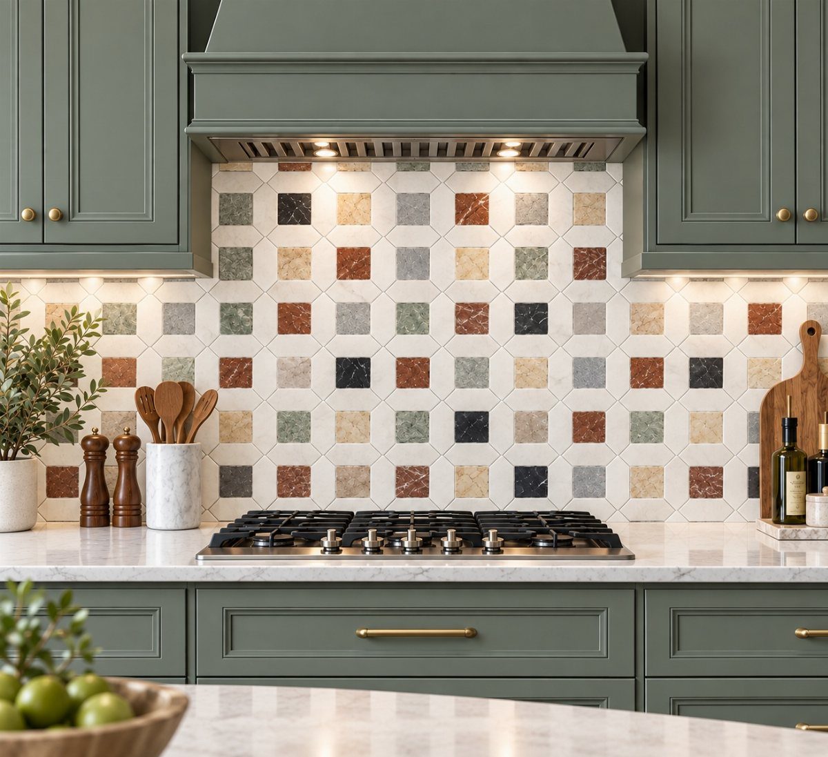 Multicolored square mosaic tiles forming a backsplash behind a black gas stovetop in a green kitchen.