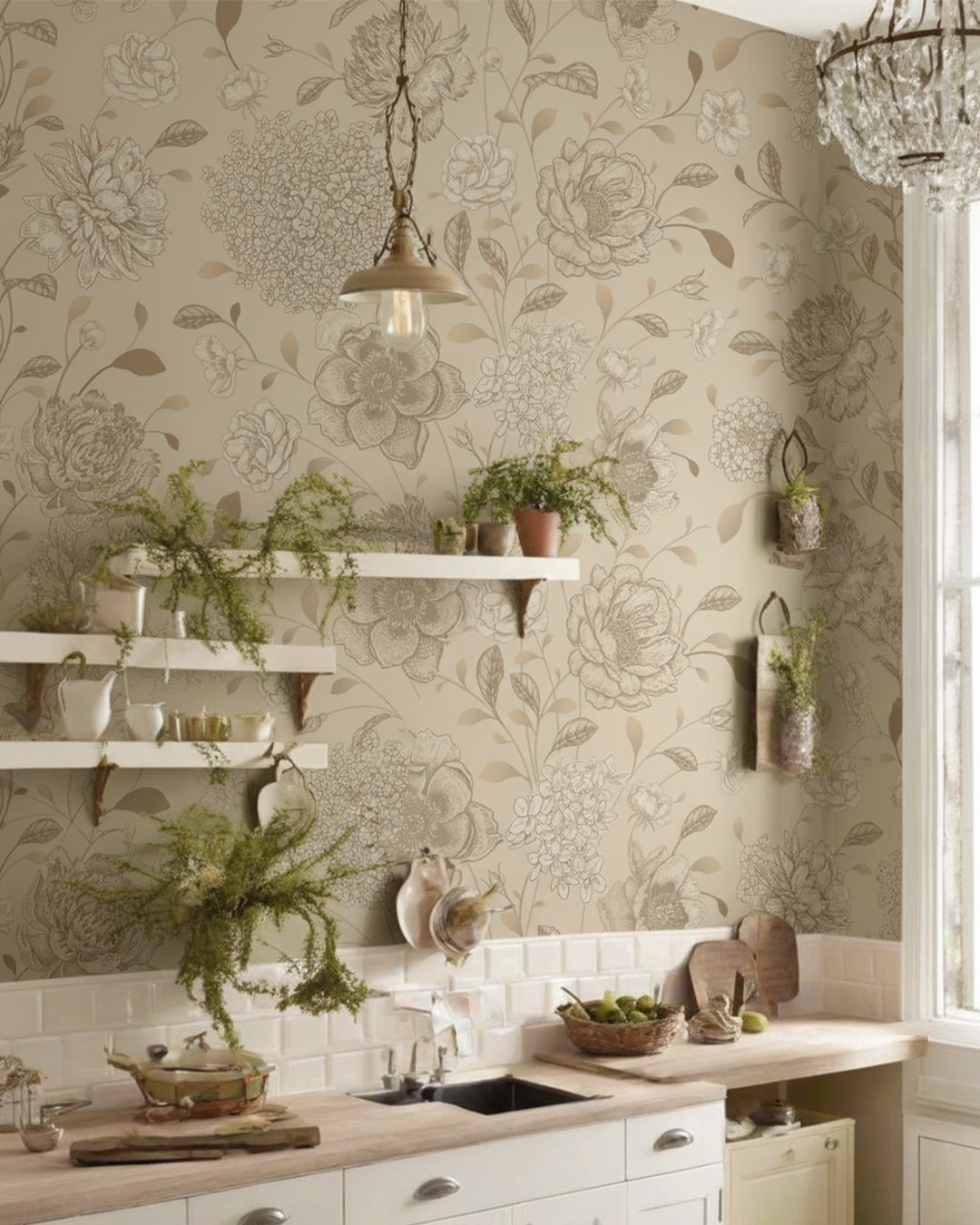 Floral patterned wallpaper on a kitchen wall with white shelves and plants.