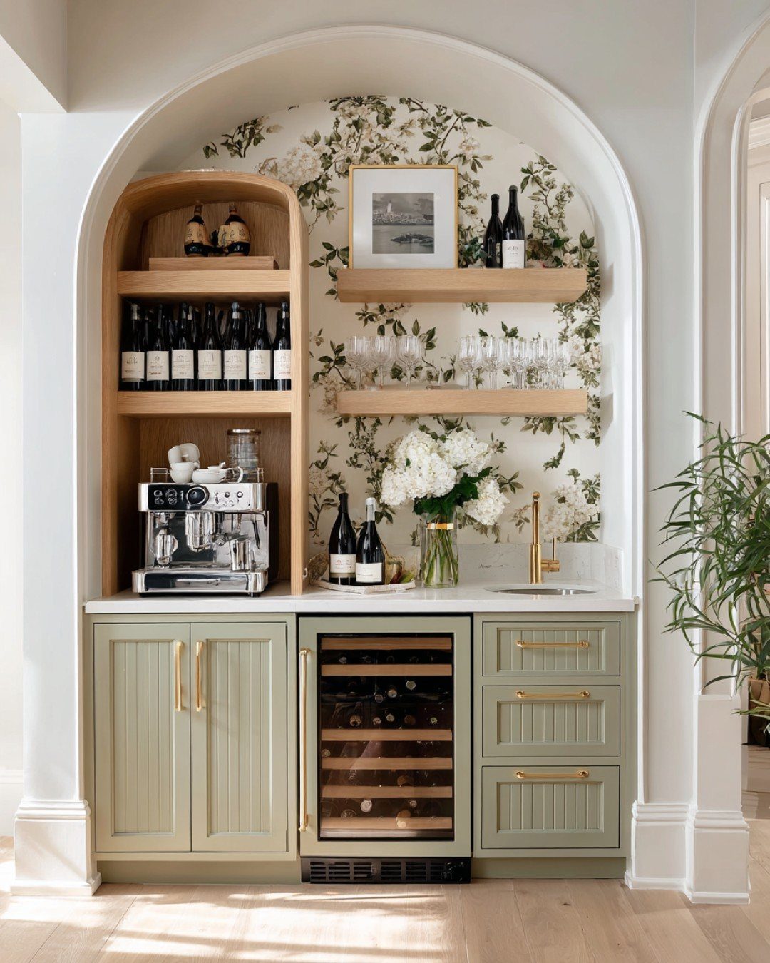 A built-in arched beverage station with botanical wallpaper, espresso machine, and sage green cabinetry.
