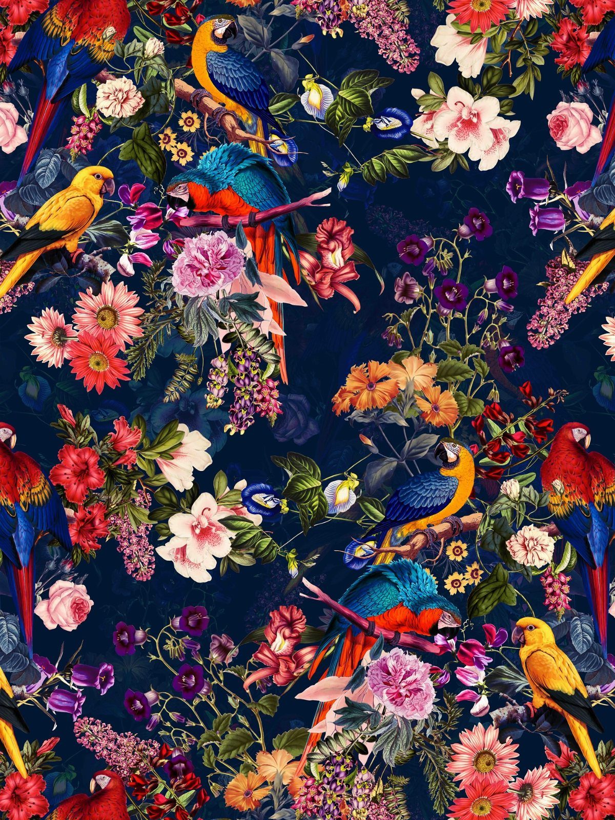 Colorful tropical parrots and vibrant flowers on a dark navy blue jungle print background.