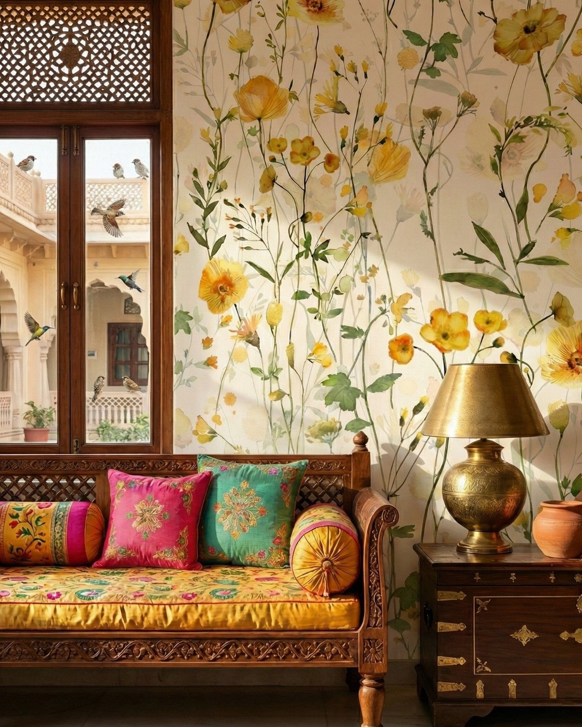 Yellow botanical wallpaper with green leaves and flowers behind a wooden daybed and brass lamp.