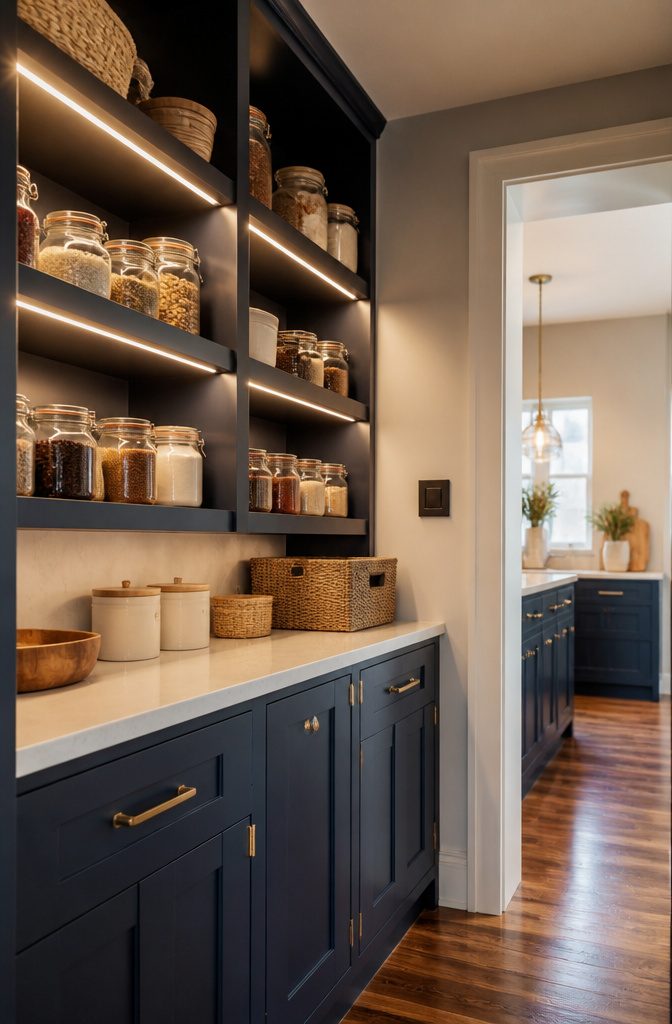 Smart LED strip light and switch installed in a well-organized pantry.