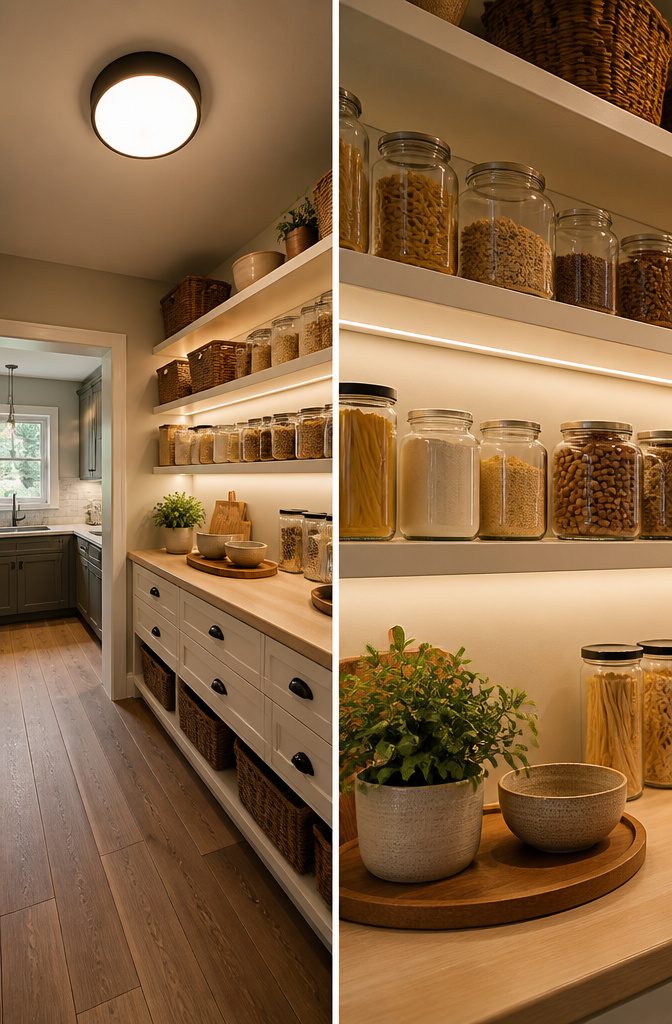Overhead and under-shelf lights installed in a pantry for better illumination.