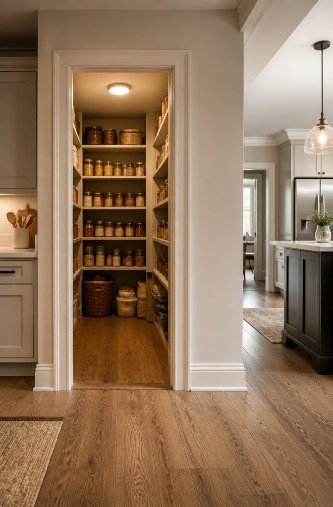 Flush mount light fixture installed in a small pantry.