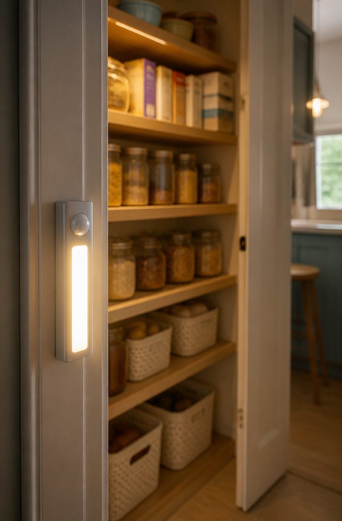 Battery-powered motion sensor light installed on a pantry door frame.