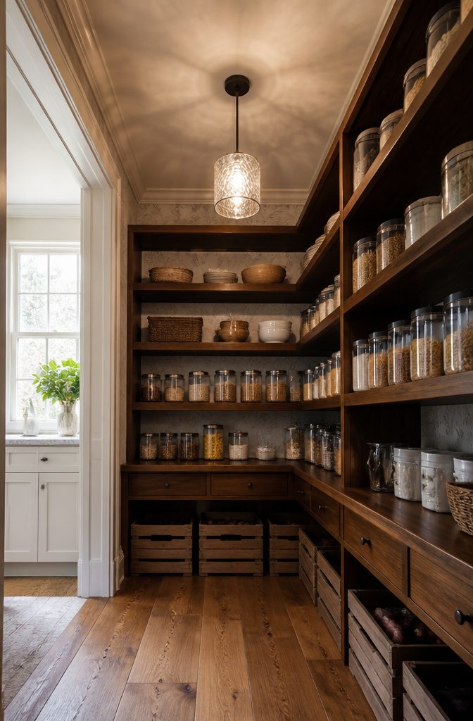 Pendant light fixture suspended from the ceiling in a pantry.