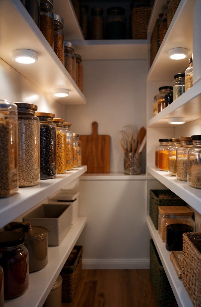 Battery-operated LED puck lights attached under pantry shelves.